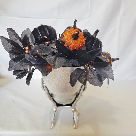 Halloween Shiny Silver Skeleton Head Sparkly Bouquet of Spooky Pumpkins Roses - Picture 3 of 9
